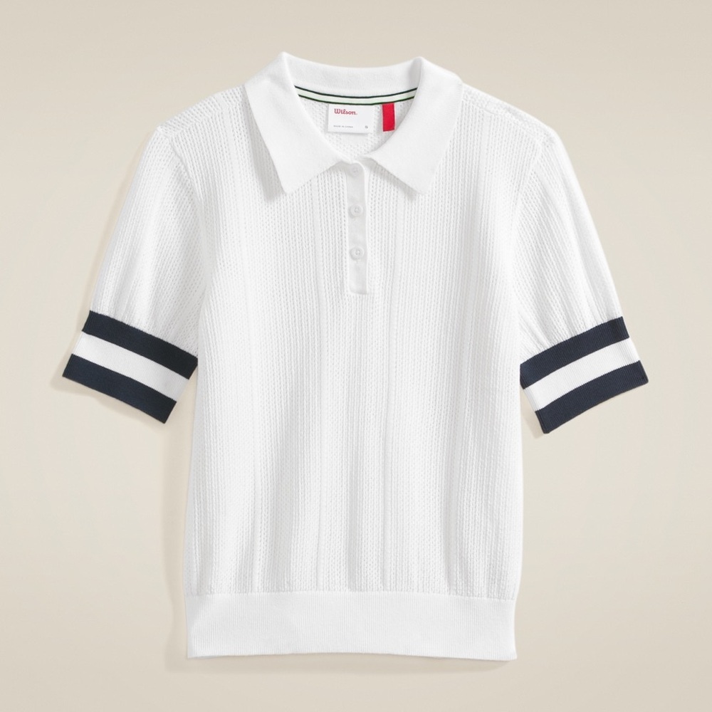 Wilson Essex Polo Sweater Knit Short Sleeve Top Bright White Navy Stripe Small - Picture 11 of 11